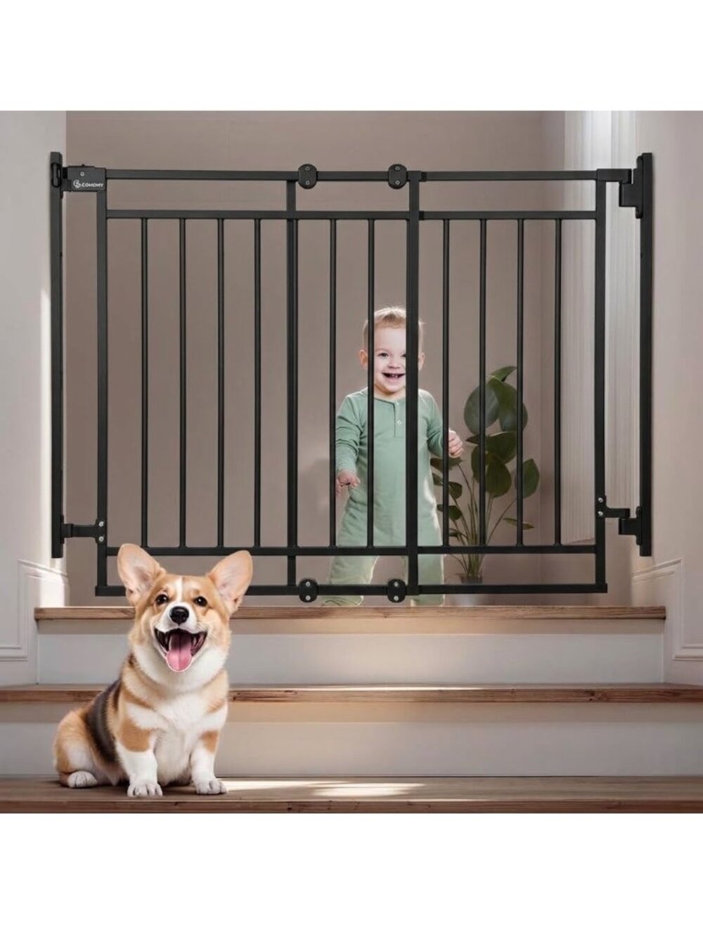 COMOMY 27.5-43" Baby Gate No Bottom Bar for Stairs and Doorways Black